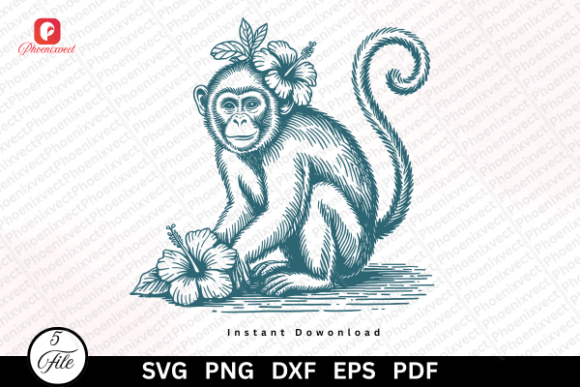 Download Hand Drawn Floral Vintage Monkey SVG PNG - Floral Collection